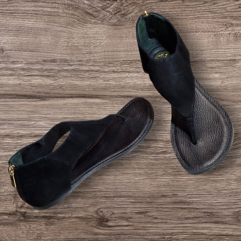 Tory Burch Black Leather Gladiator Heel Zipper Flat Thong Sandals Women Size 7.5 - Picture 7 of 16